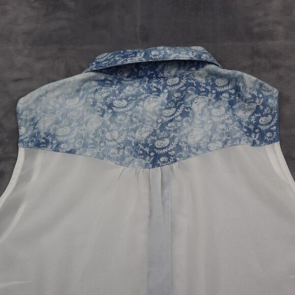EM Shirt Womens White Blue Sleeveless Collared Button Sheer High Low Hem - Picture 13 of 15